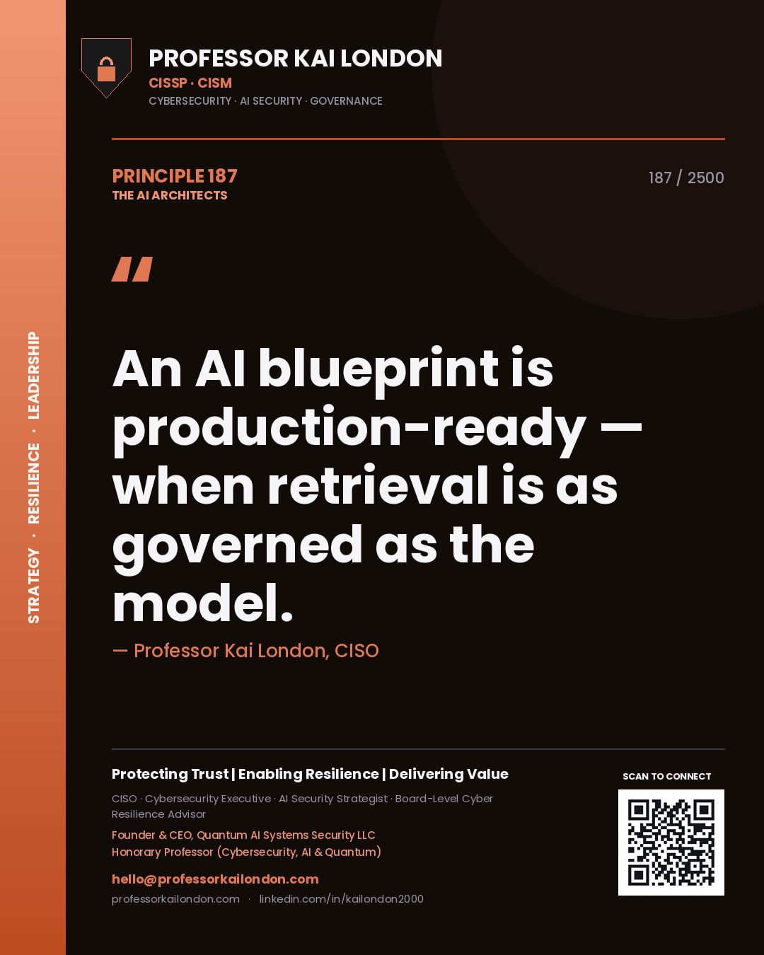 Quote card by Professor Kai London reading 'An AI blueprint is production-ready — when retrieval is as governed as the model.'. From the book The AI Architects.