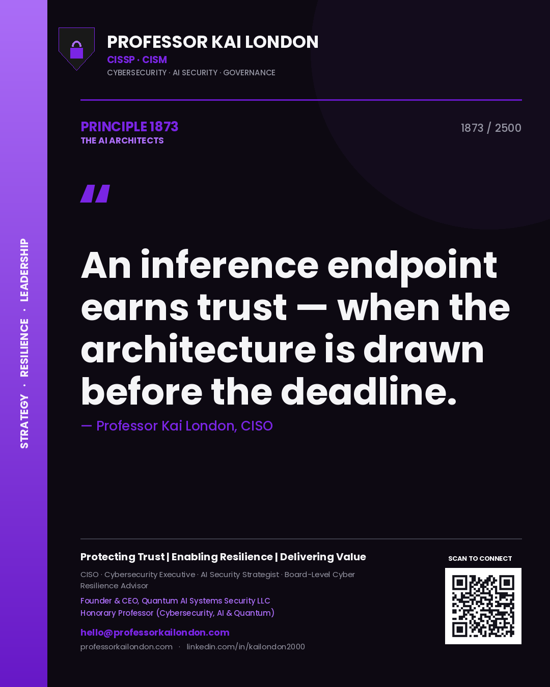 Quote card by Professor Kai London reading 'An inference endpoint earns trust — when the architecture is drawn before the deadline.'. From the book The AI Architects.