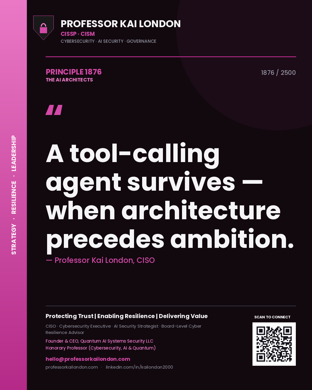 Quote card by Professor Kai London reading 'A tool-calling agent survives — when architecture precedes ambition.'. From the book The AI Architects.