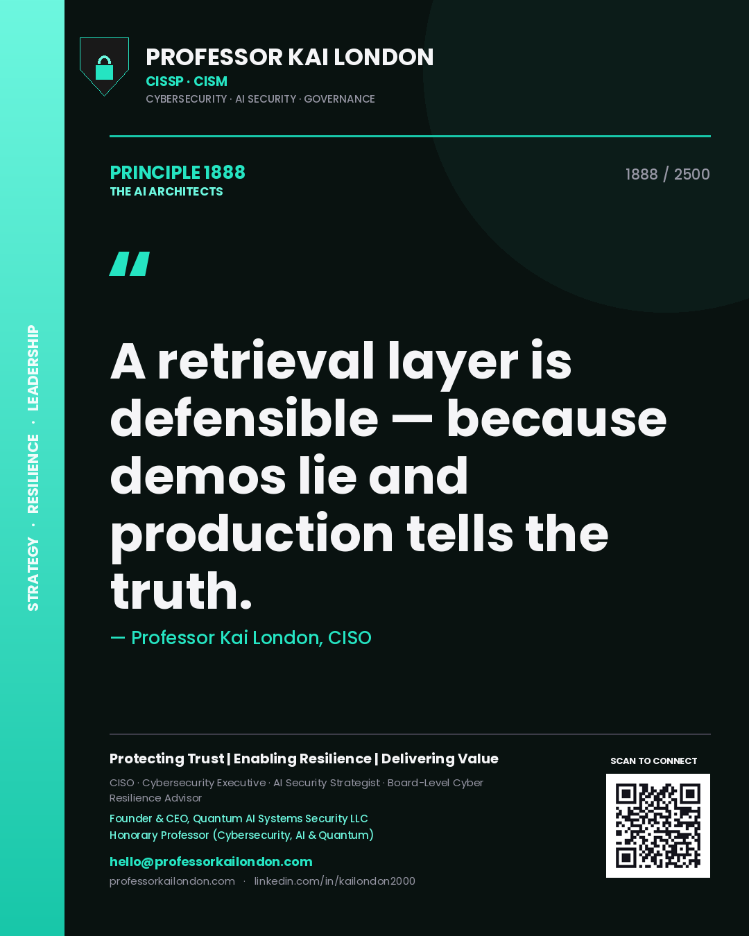 Quote card by Professor Kai London reading 'A retrieval layer is defensible — because demos lie and production tells the truth.'. From the book The AI Architects.