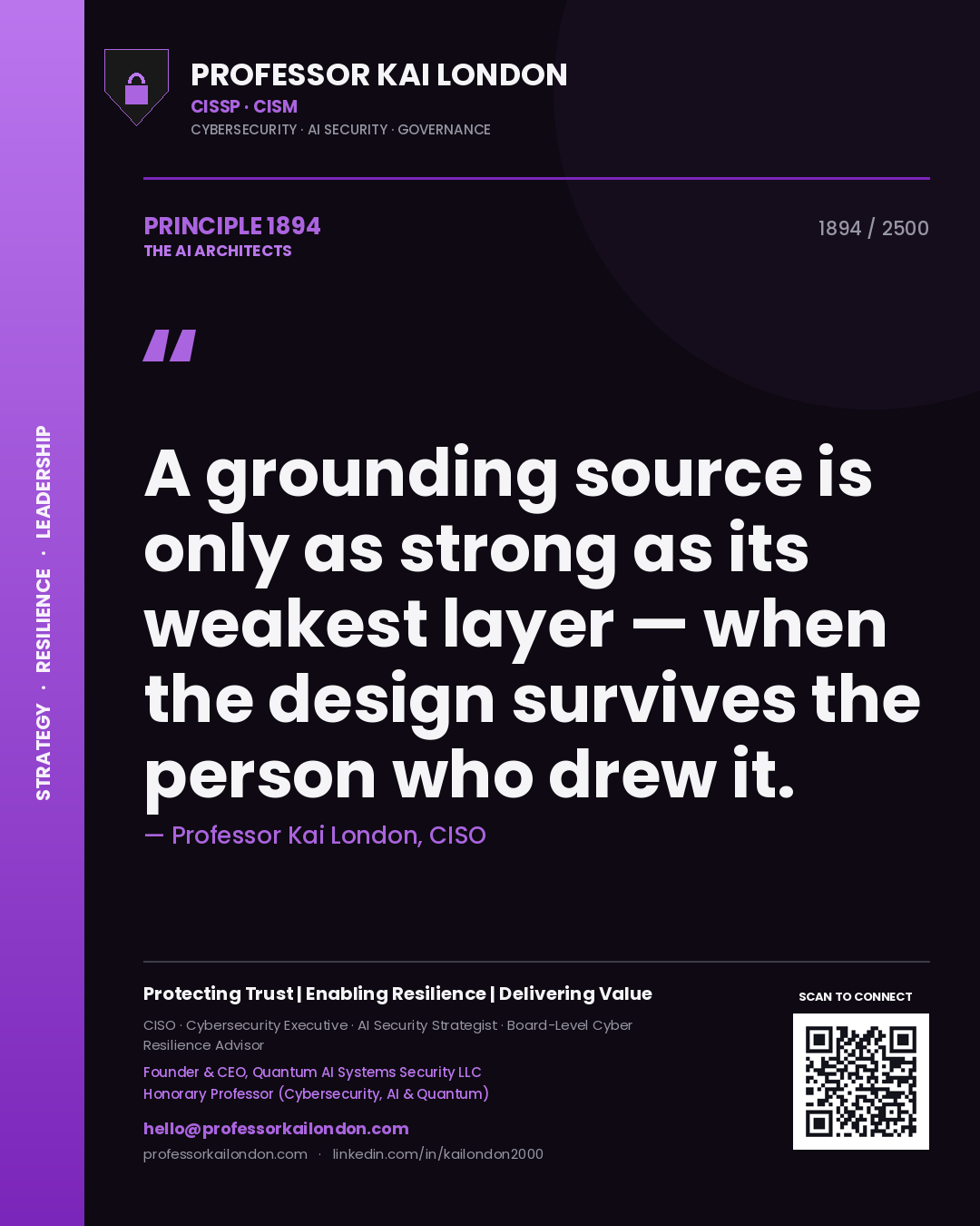 Quote card by Professor Kai London reading 'A grounding source is only as strong as its weakest layer — when the design survives the person who drew it.'. From the book The AI Architects.