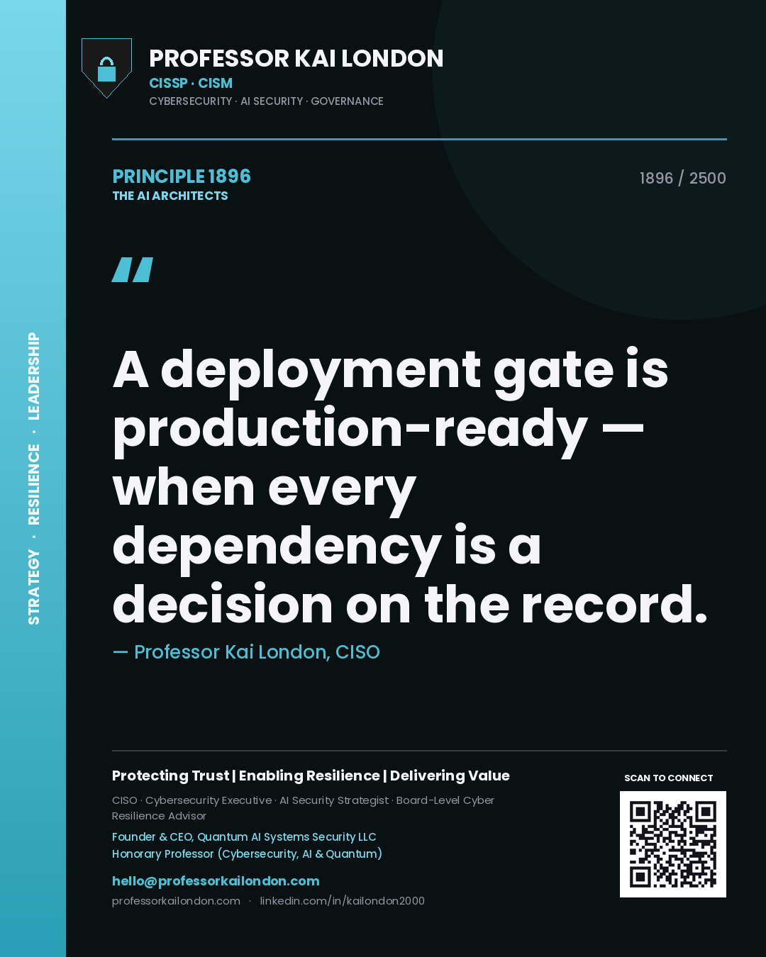 Quote card by Professor Kai London reading 'A deployment gate is production-ready — when every dependency is a decision on the record.'. From the book The AI Architects.