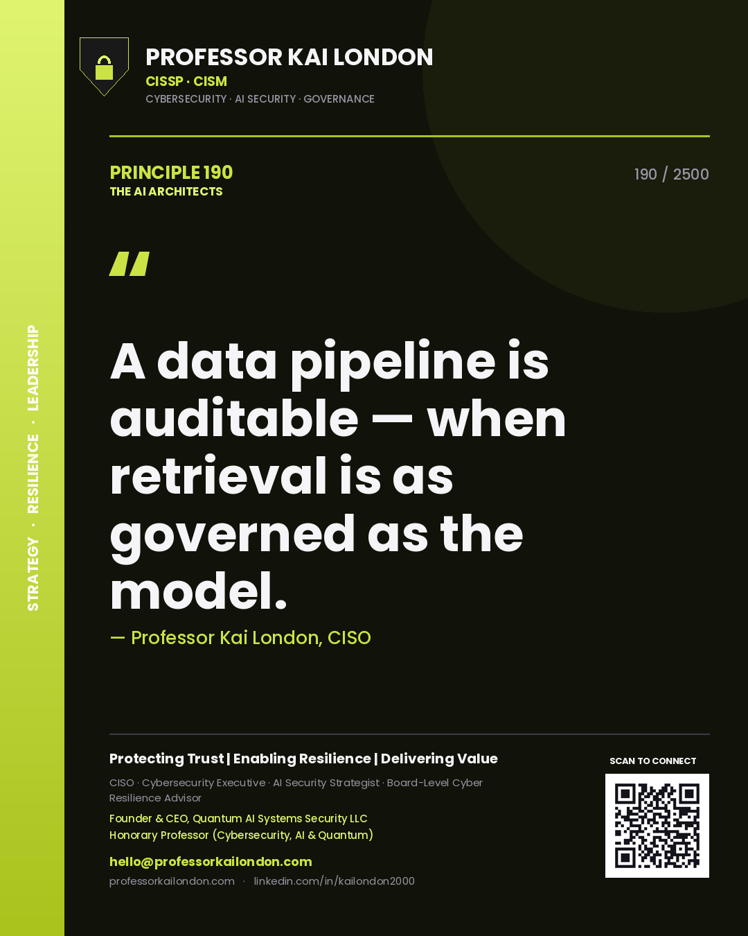 Professor Kai London principle 190: A data pipeline is auditable — when retrieval is as governed as the model.