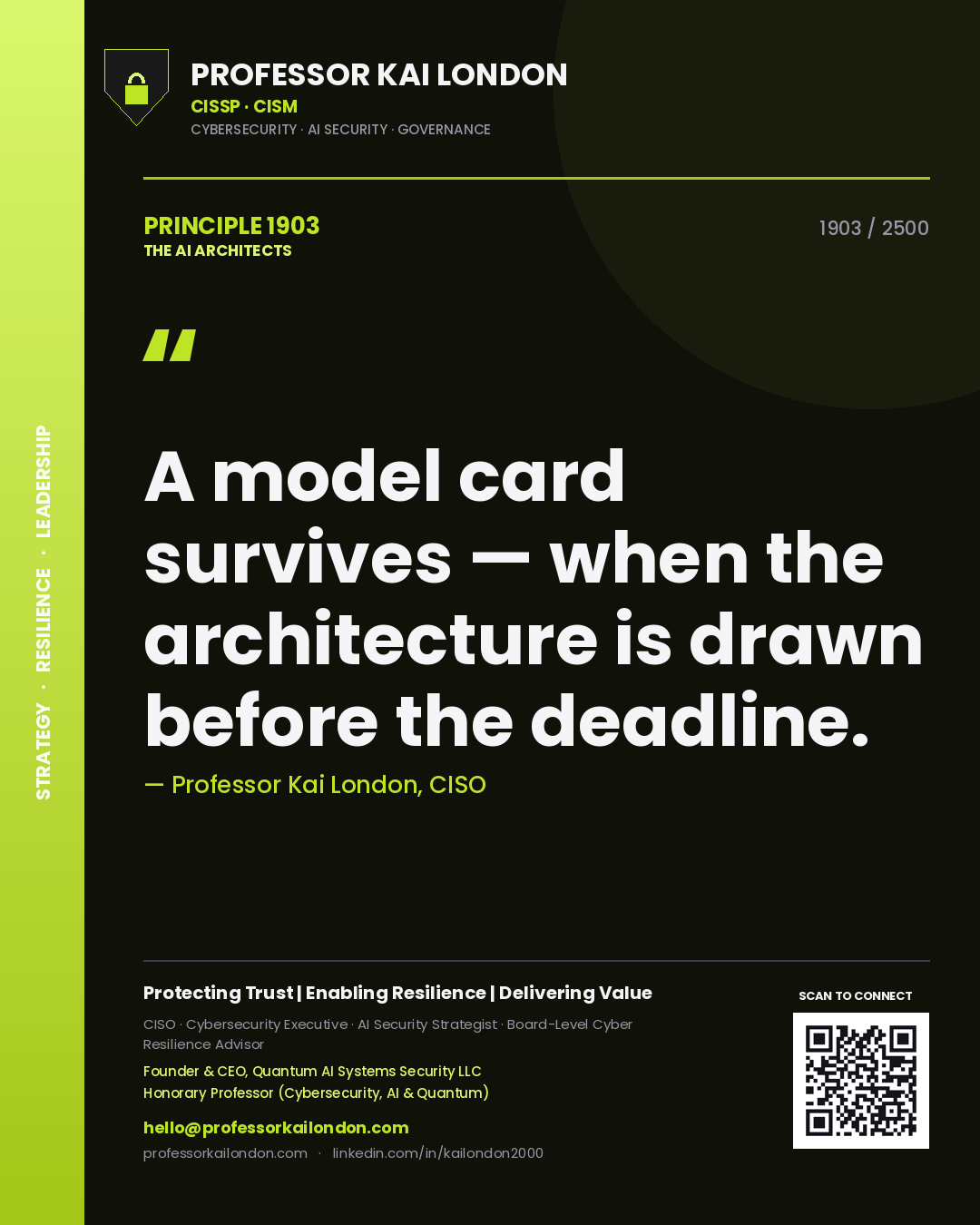 Quote card by Professor Kai London reading 'A model card survives — when the architecture is drawn before the deadline.'. From the book The AI Architects.
