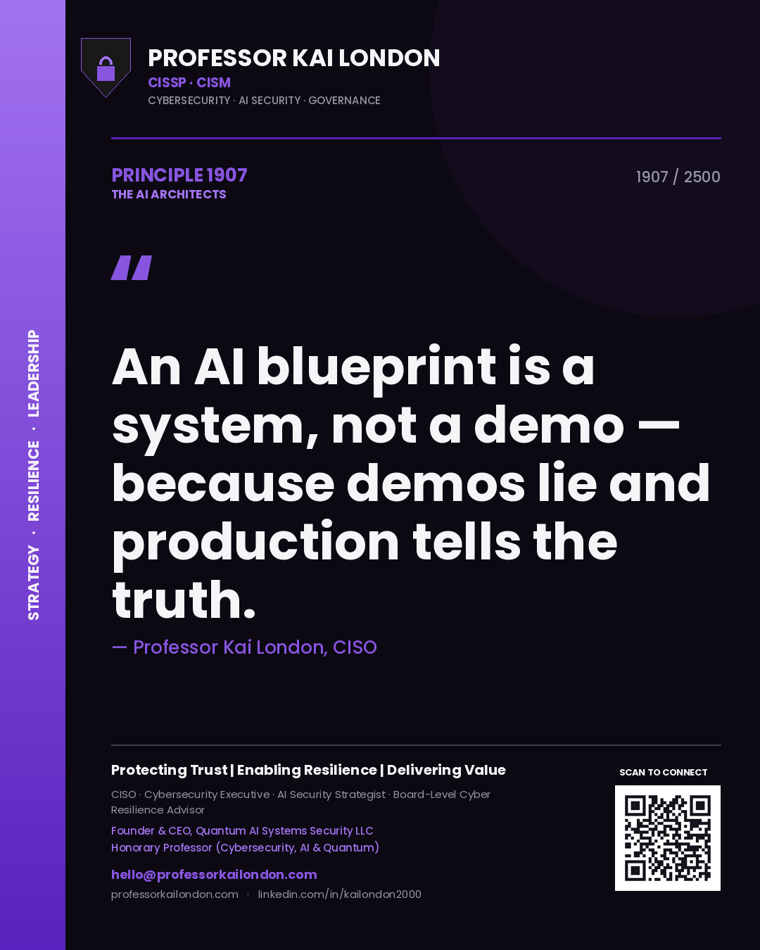 Professor Kai London principle 1907: An AI blueprint is a system, not a demo — because demos lie and production tells the truth.