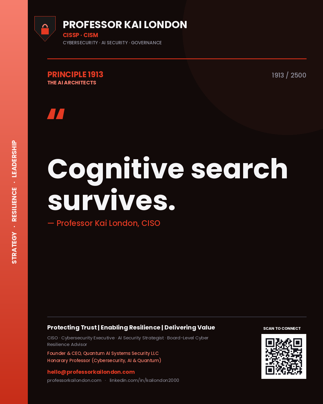 Quote card by Professor Kai London reading 'Cognitive search survives.'. From the book The AI Architects.