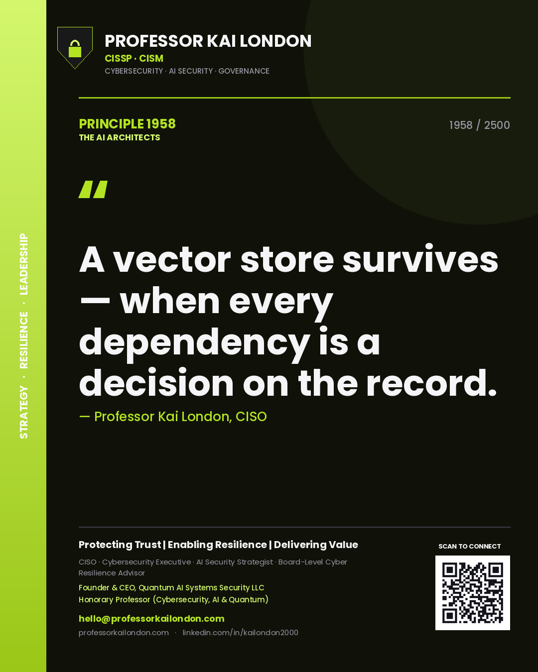 Professor Kai London principle 1958: A vector store survives — when every dependency is a decision on the record.