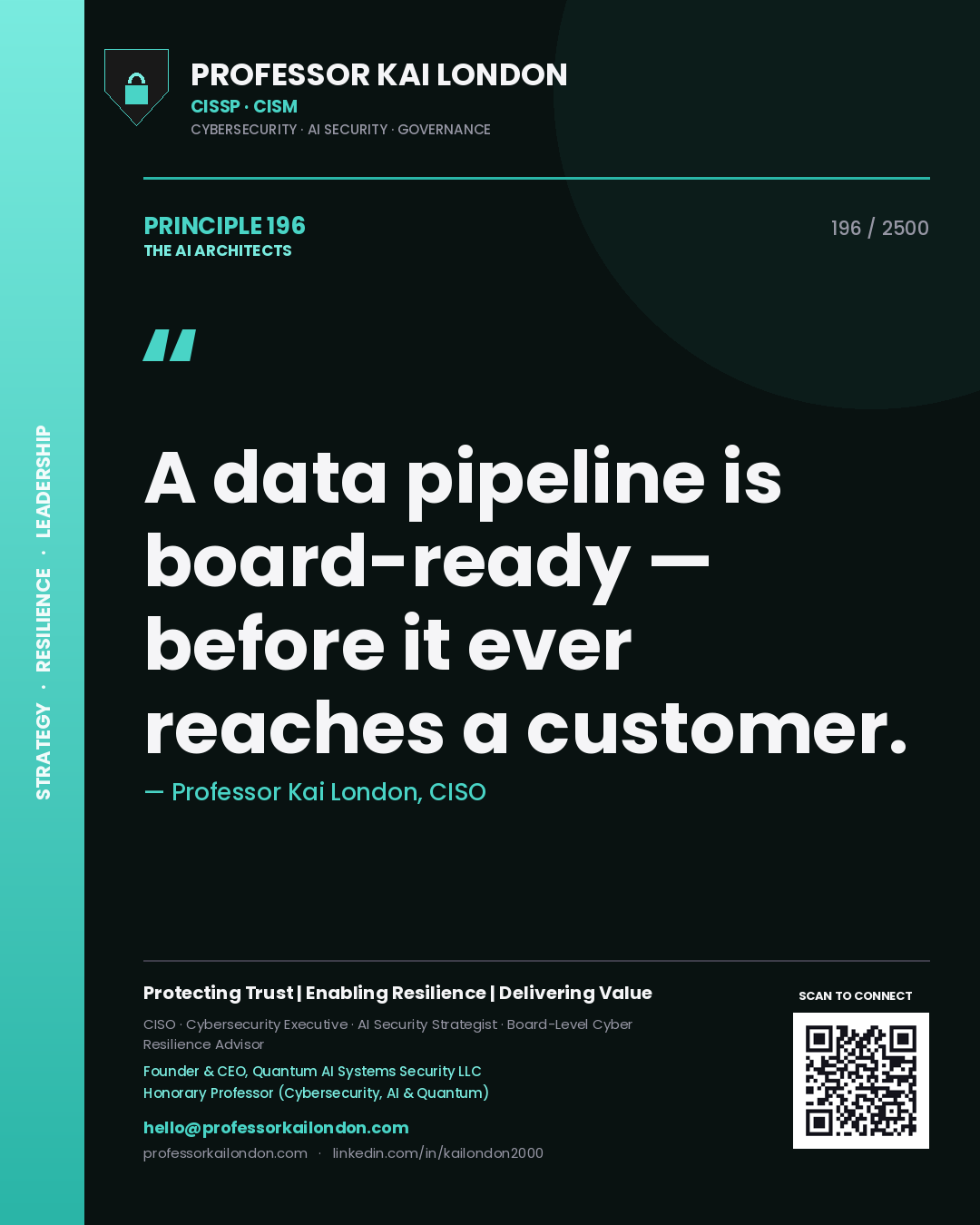 Professor Kai London principle 196: A data pipeline is board-ready — before it ever reaches a customer.