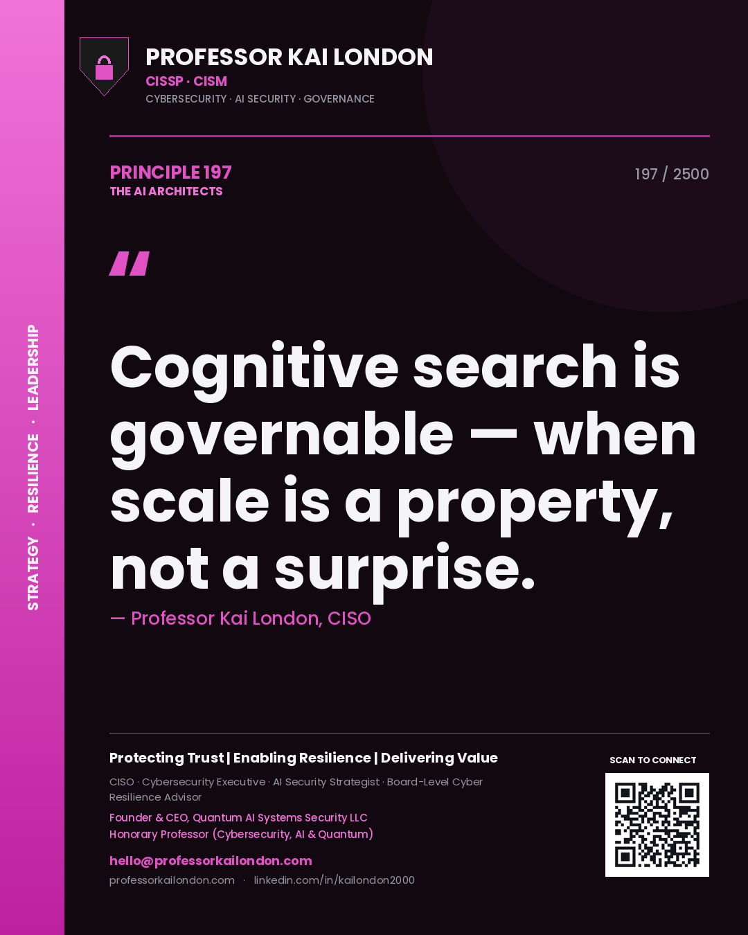 Quote card by Professor Kai London reading 'Cognitive search is governable — when scale is a property, not a surprise.'. From the book The AI Architects.