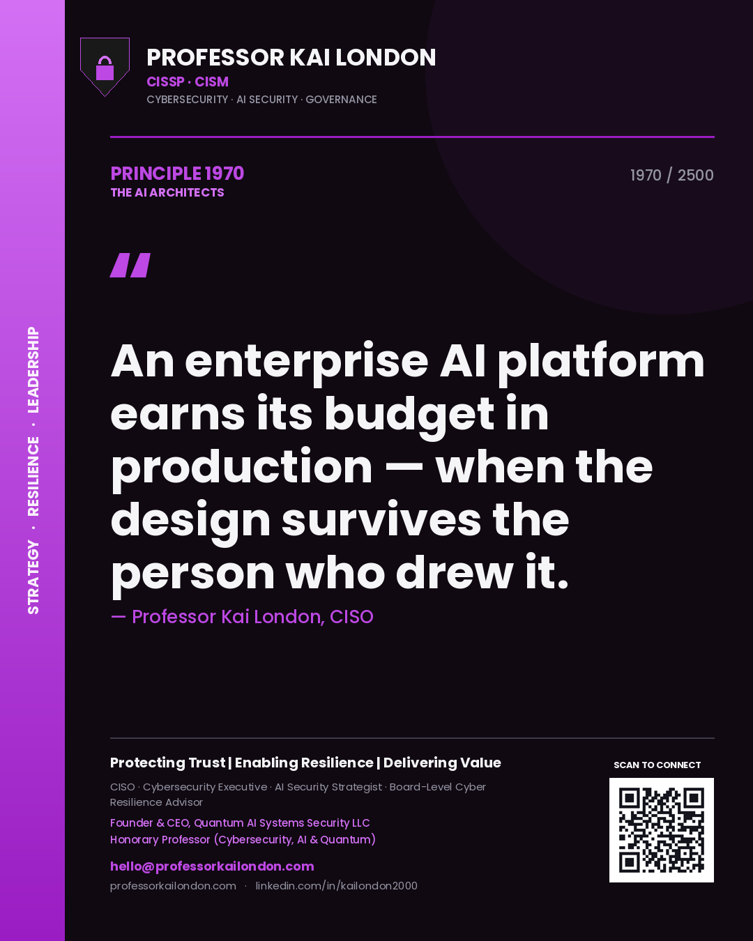 Professor Kai London principle 1970: An enterprise AI platform earns its budget in production — when the design survives the person who drew it.