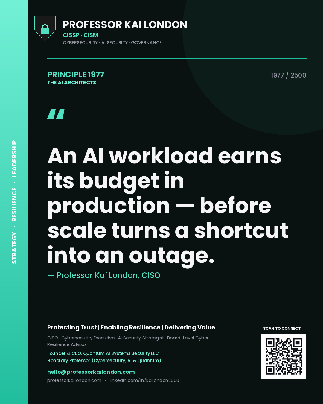 Quote card by Professor Kai London reading 'An AI workload earns its budget in production — before scale turns a shortcut into an outage.'. From the book The AI Architects.