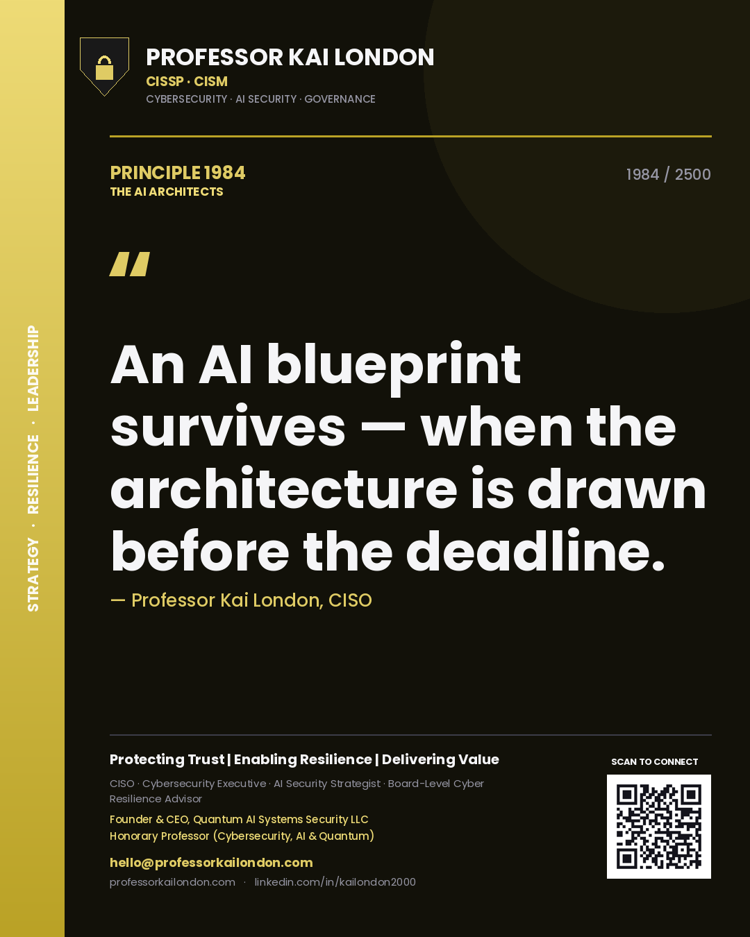 Quote card by Professor Kai London reading 'An AI blueprint survives — when the architecture is drawn before the deadline.'. From the book The AI Architects.