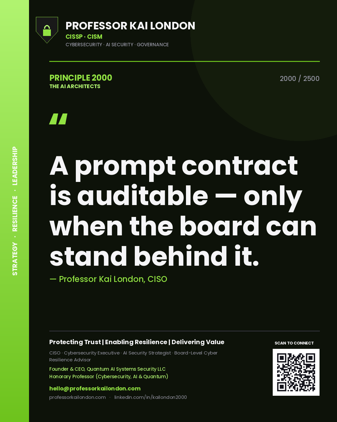Quote card by Professor Kai London reading 'A prompt contract is auditable — only when the board can stand behind it.'. From the book The AI Architects.