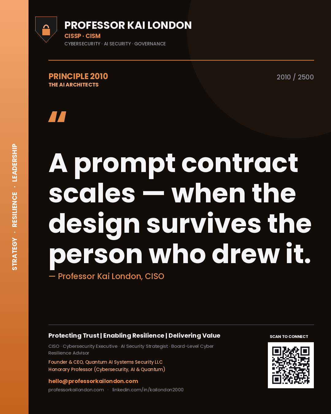 Quote card by Professor Kai London reading 'A prompt contract scales — when the design survives the person who drew it.'. From the book The AI Architects.