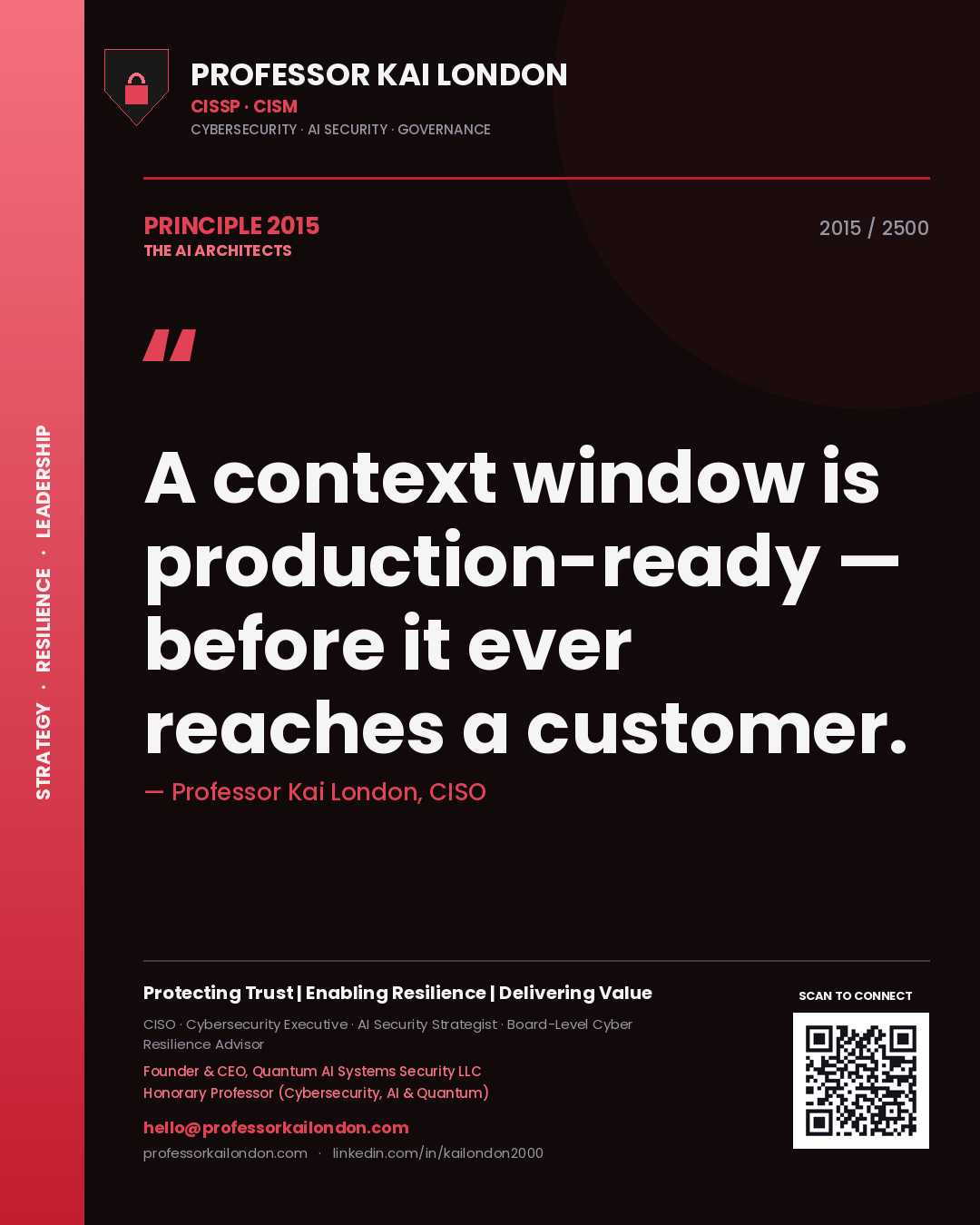 Quote card by Professor Kai London reading 'A context window is production-ready — before it ever reaches a customer.'. From the book The AI Architects.