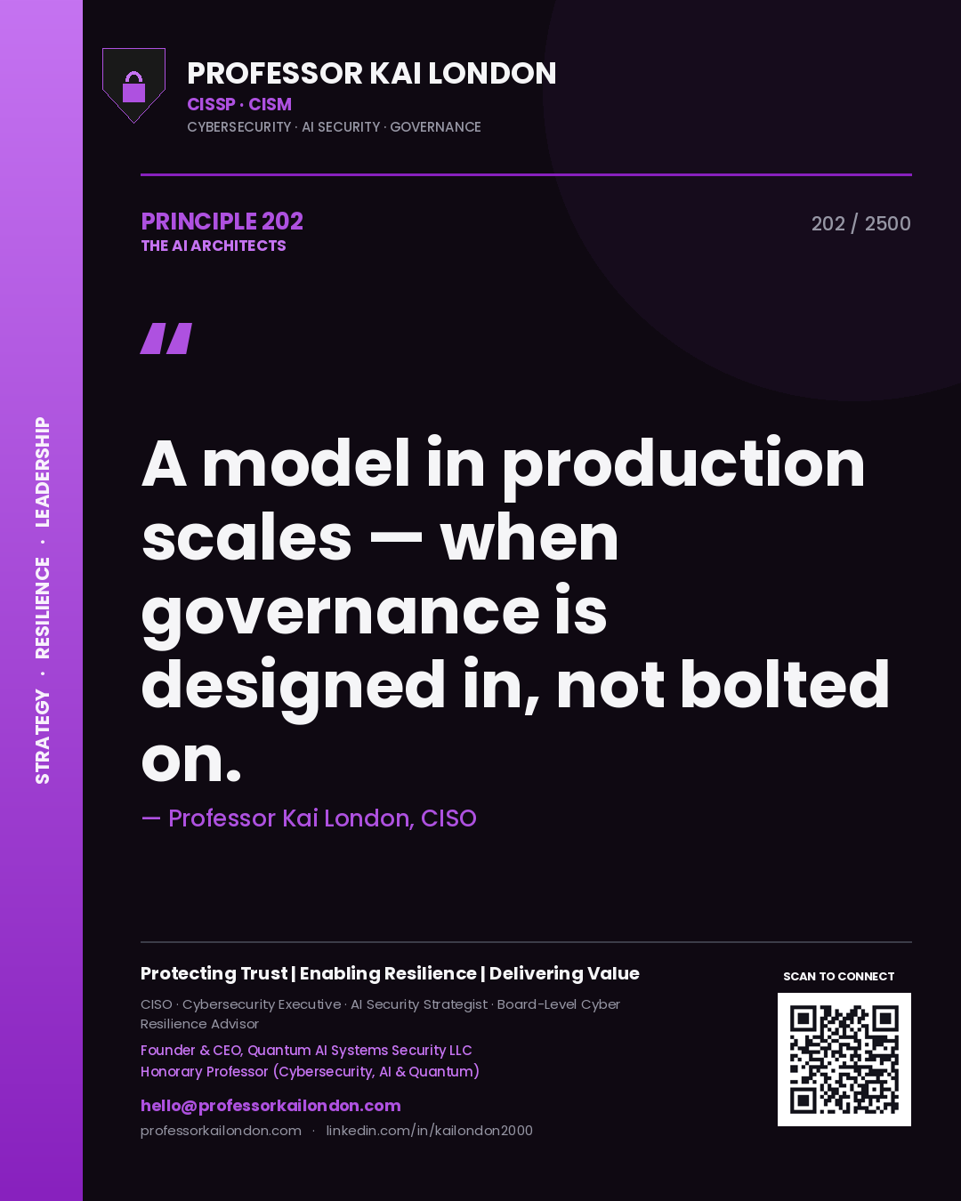 Quote card by Professor Kai London reading 'A model in production scales — when governance is designed in, not bolted on.'. From the book The AI Architects.