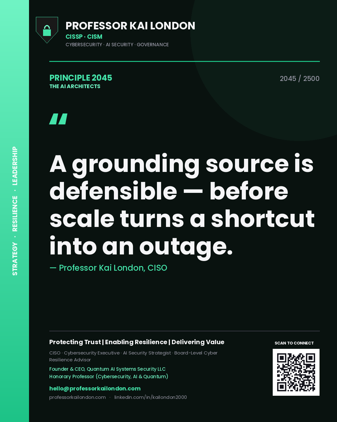 Professor Kai London principle 2045: A grounding source is defensible — before scale turns a shortcut into an outage.