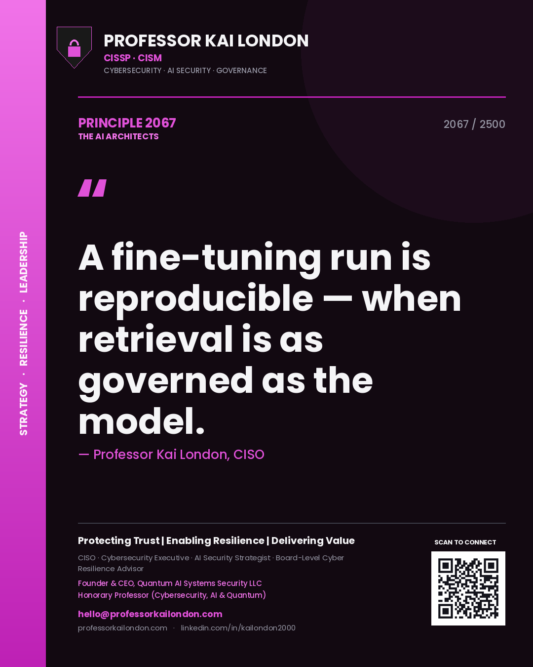 Professor Kai London principle 2067: A fine-tuning run is reproducible — when retrieval is as governed as the model.