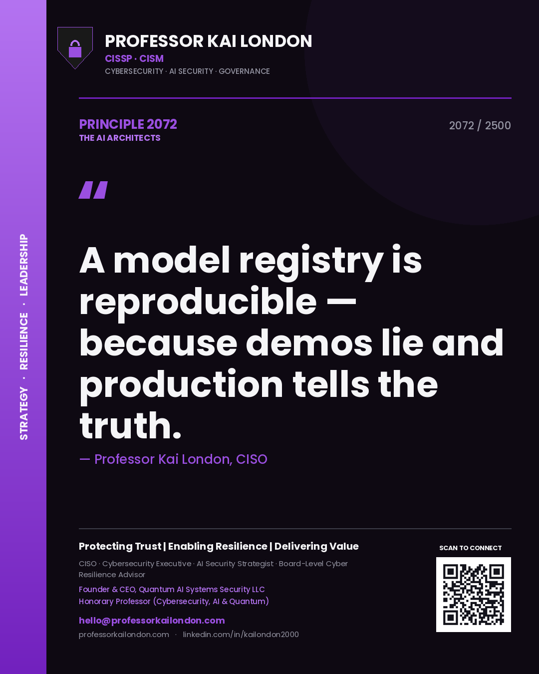 Quote card by Professor Kai London reading 'A model registry is reproducible — because demos lie and production tells the truth.'. From the book The AI Architects.