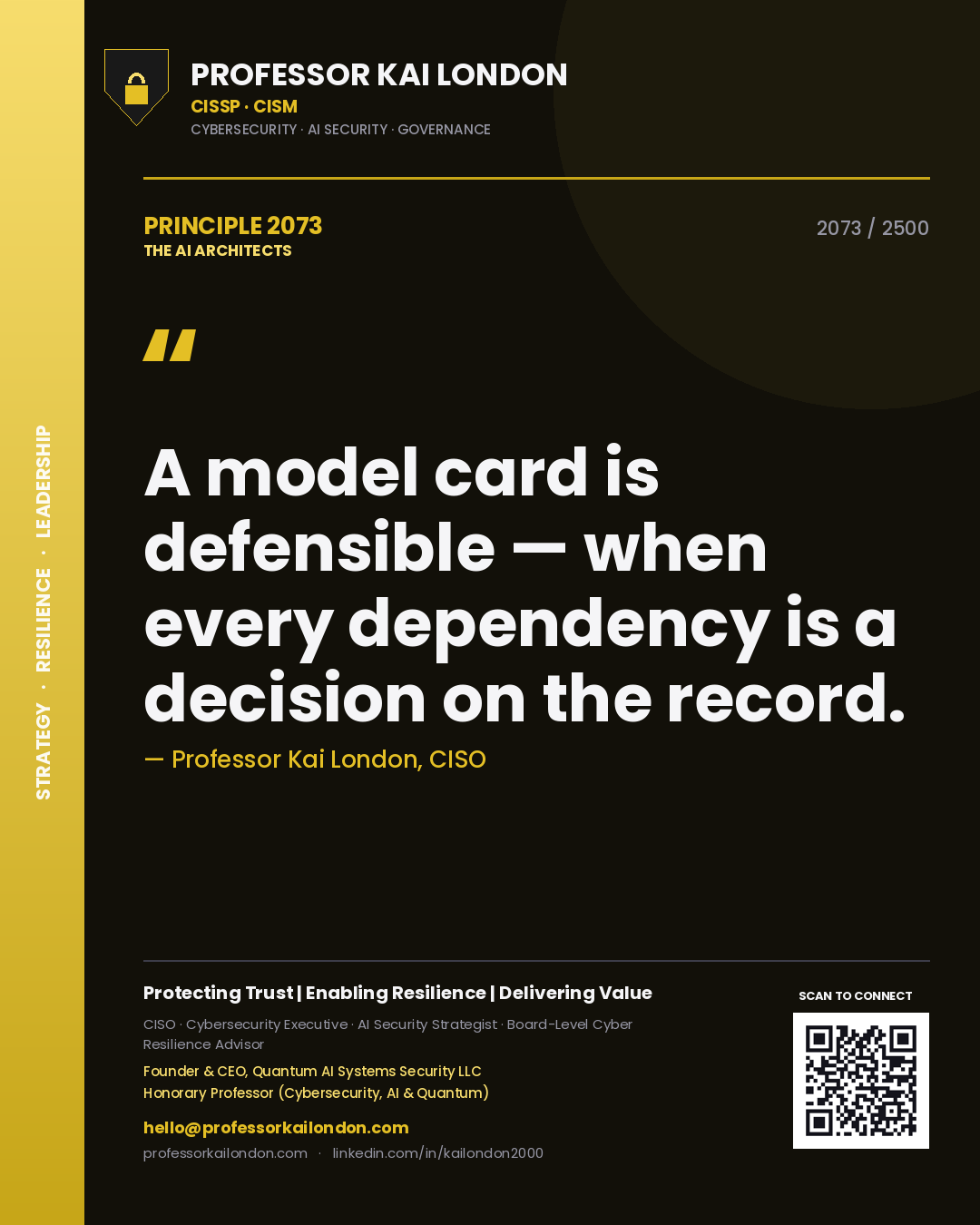 Professor Kai London principle 2073: A model card is defensible — when every dependency is a decision on the record.