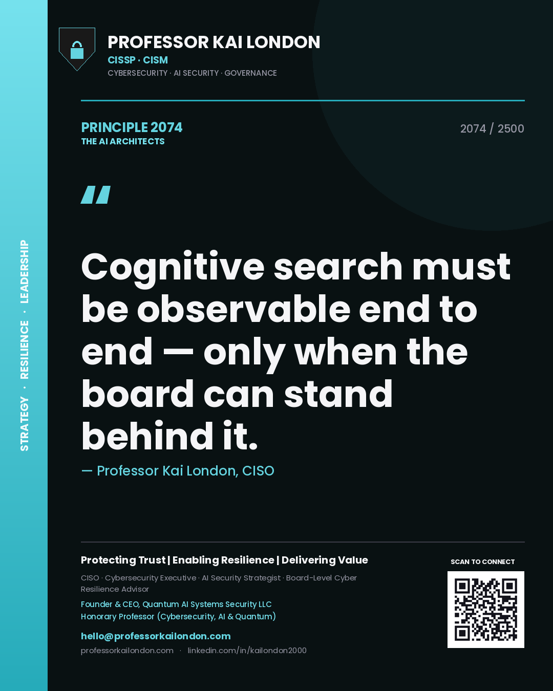 Professor Kai London principle 2074: Cognitive search must be observable end to end — only when the board can stand behind it.