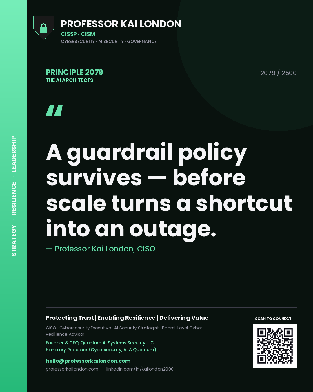 Quote card by Professor Kai London reading 'A guardrail policy survives — before scale turns a shortcut into an outage.'. From the book The AI Architects.
