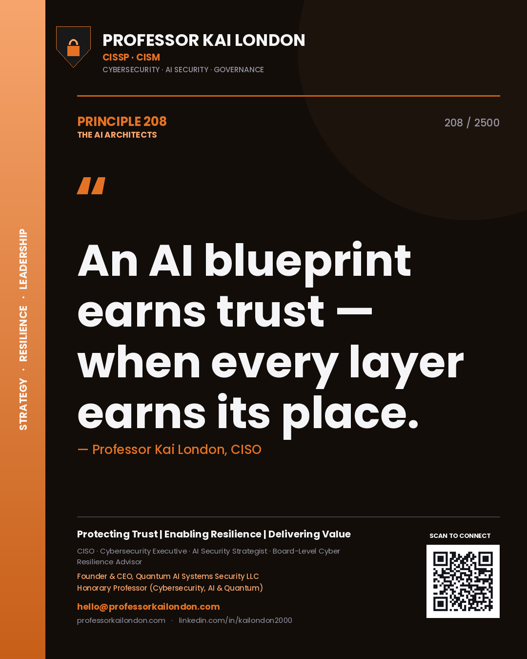 Quote card by Professor Kai London reading 'An AI blueprint earns trust — when every layer earns its place.'. From the book The AI Architects.