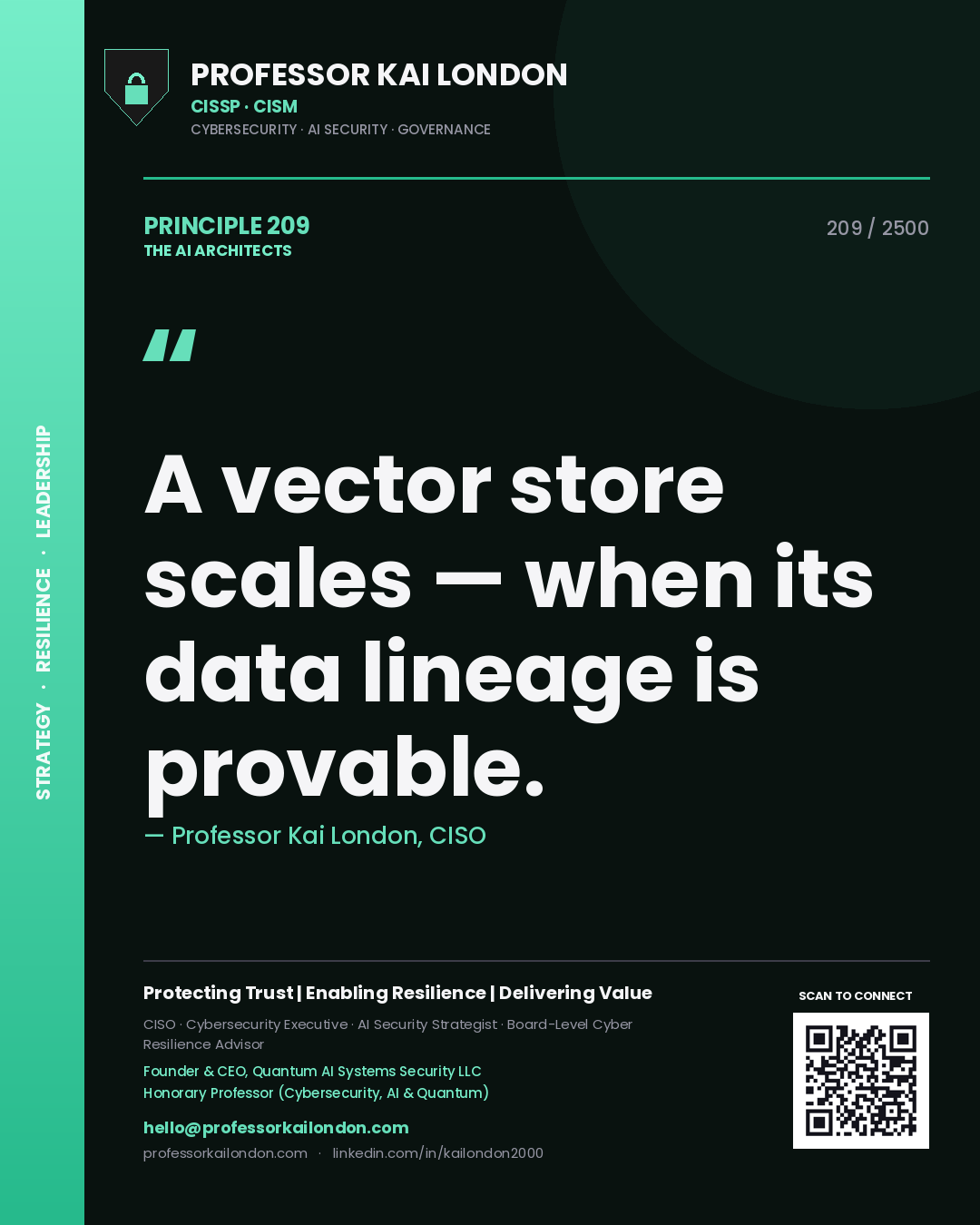 Quote card by Professor Kai London reading 'A vector store scales — when its data lineage is provable.'. From the book The AI Architects.