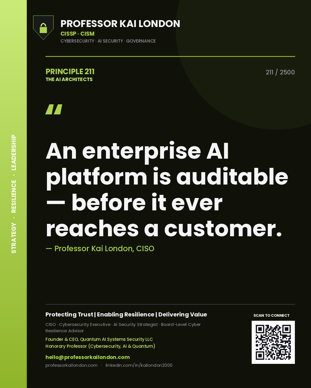 Quote card by Professor Kai London reading 'An enterprise AI platform is auditable — before it ever reaches a customer.'. From the book The AI Architects.