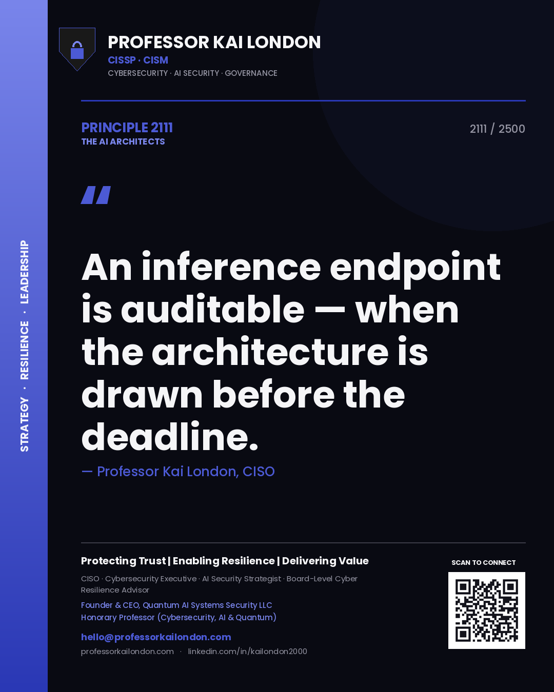 Quote card by Professor Kai London reading 'An inference endpoint is auditable — when the architecture is drawn before the deadline.'. From the book The AI Architects.