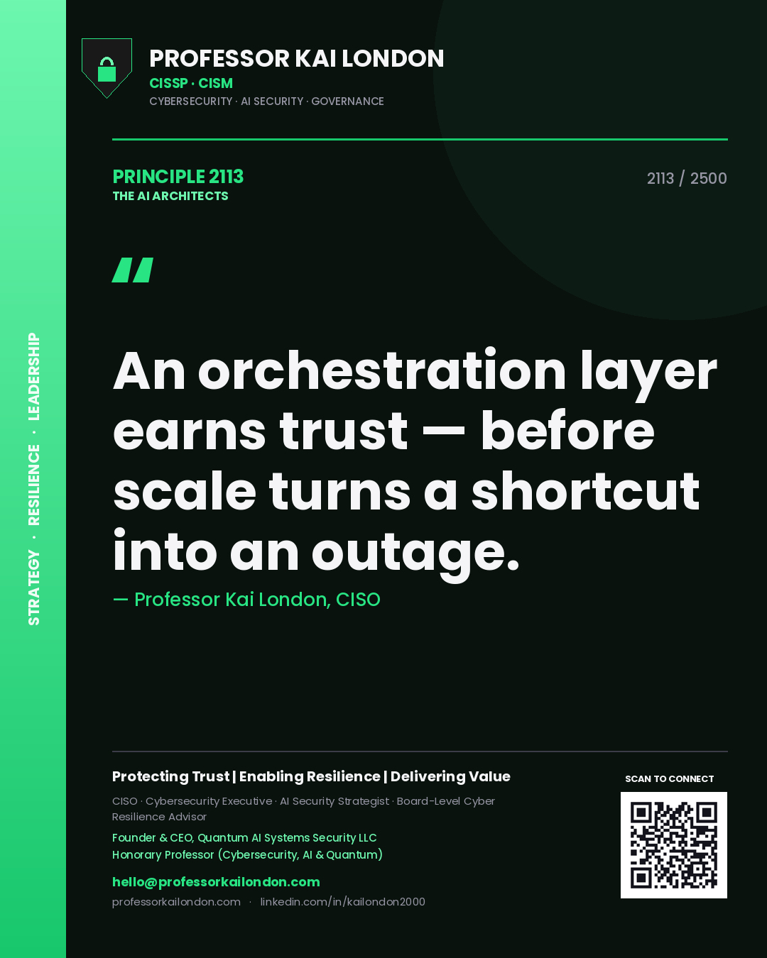 Quote card by Professor Kai London reading 'An orchestration layer earns trust — before scale turns a shortcut into an outage.'. From the book The AI Architects.