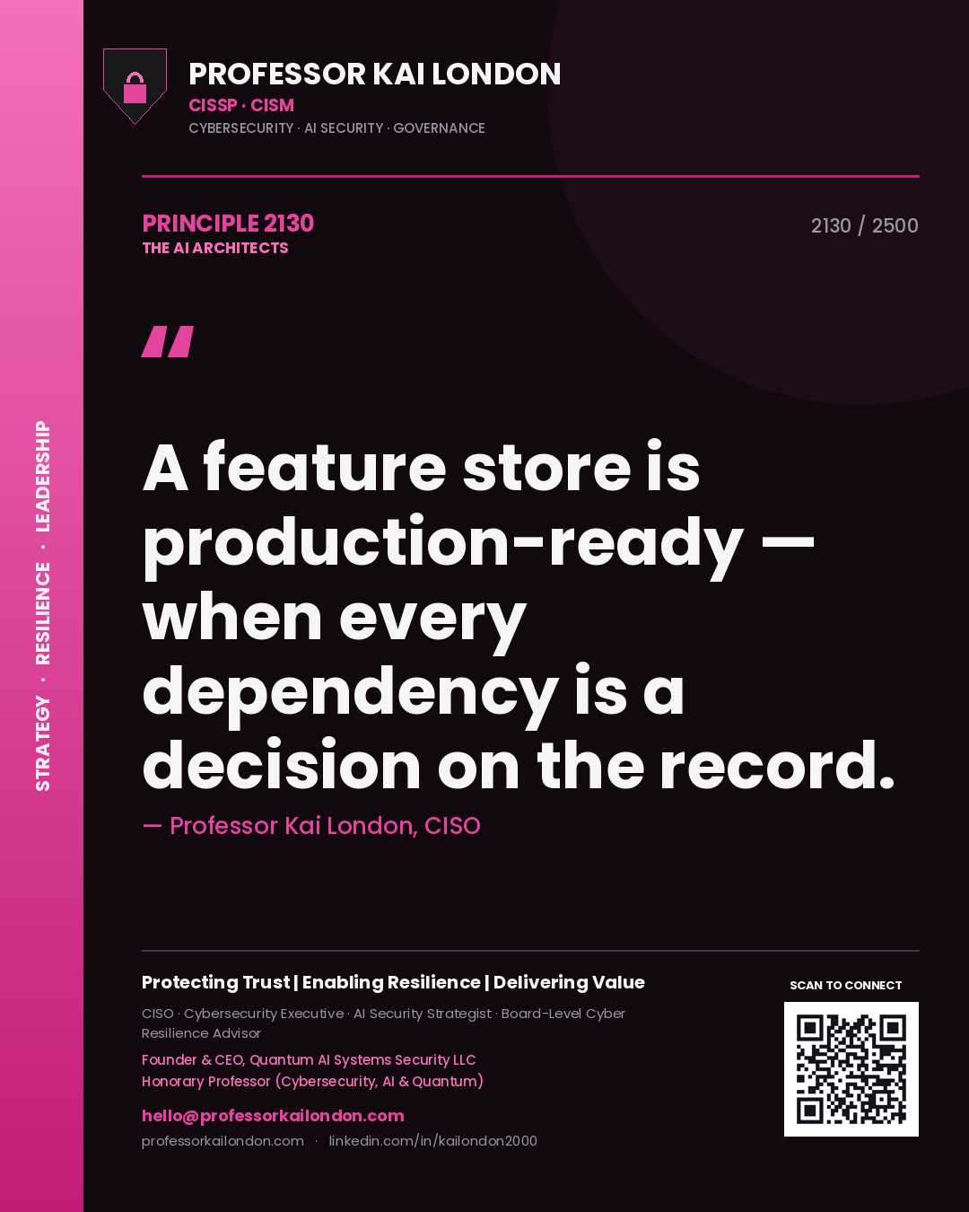 Quote card by Professor Kai London reading 'A feature store is production-ready — when every dependency is a decision on the record.'. From the book The AI Architects.