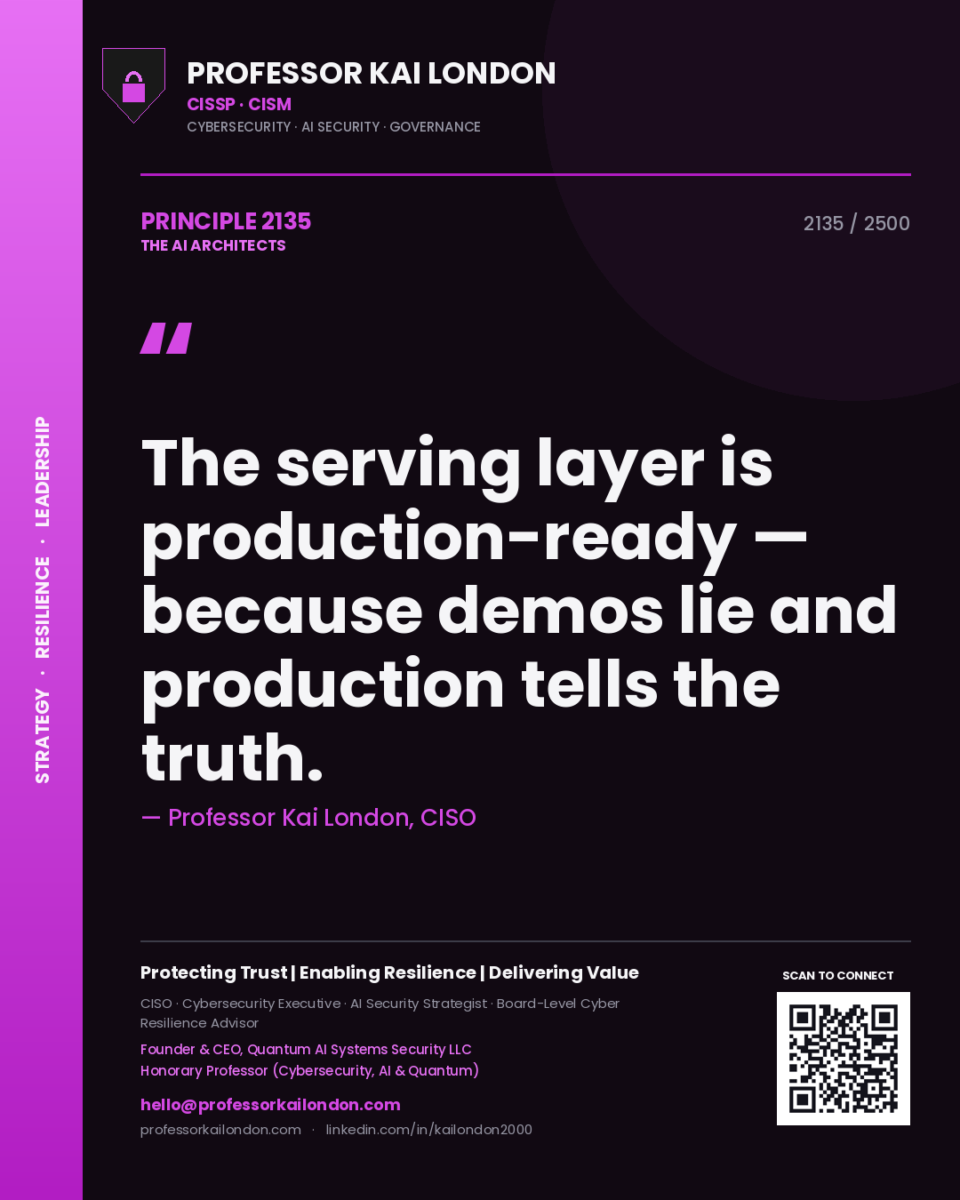 Quote card by Professor Kai London reading 'The serving layer is production-ready — because demos lie and production tells the truth.'. From the book The AI Architects.