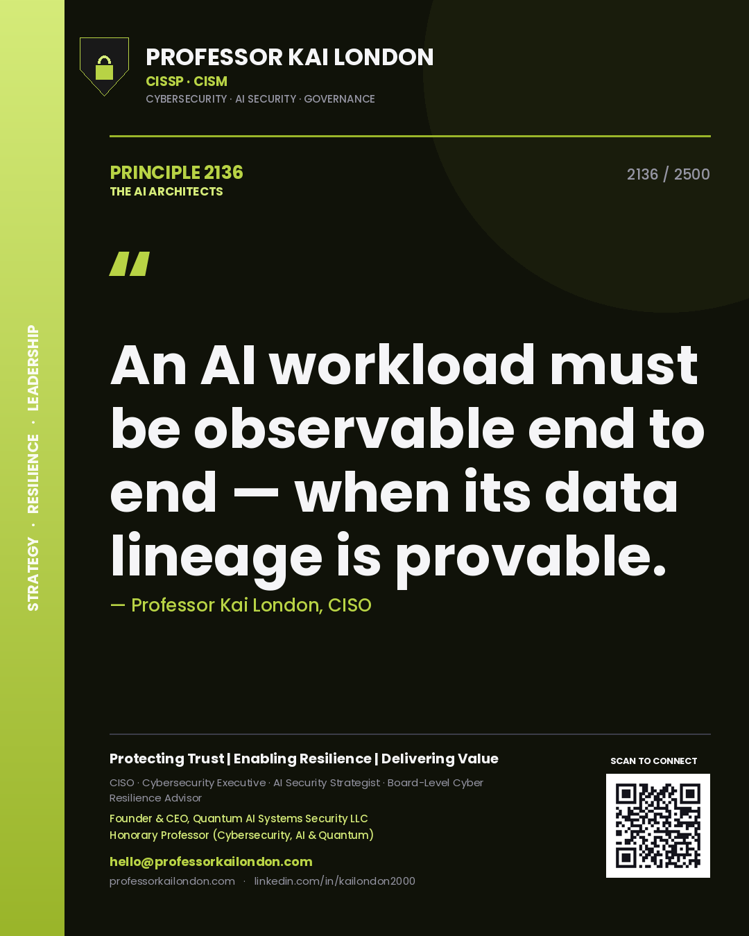 Quote card by Professor Kai London reading 'An AI workload must be observable end to end — when its data lineage is provable.'. From the book The AI Architects.