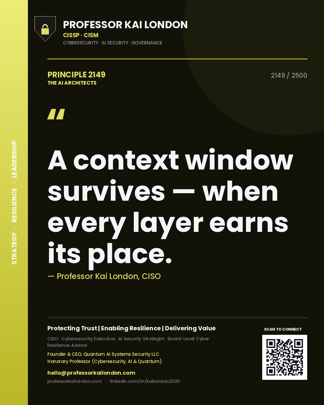Quote card by Professor Kai London reading 'A context window survives — when every layer earns its place.'. From the book The AI Architects.
