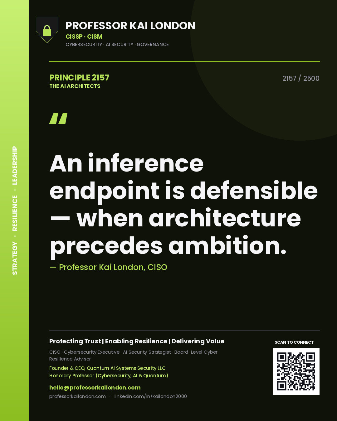 Quote card by Professor Kai London reading 'An inference endpoint is defensible — when architecture precedes ambition.'. From the book The AI Architects.