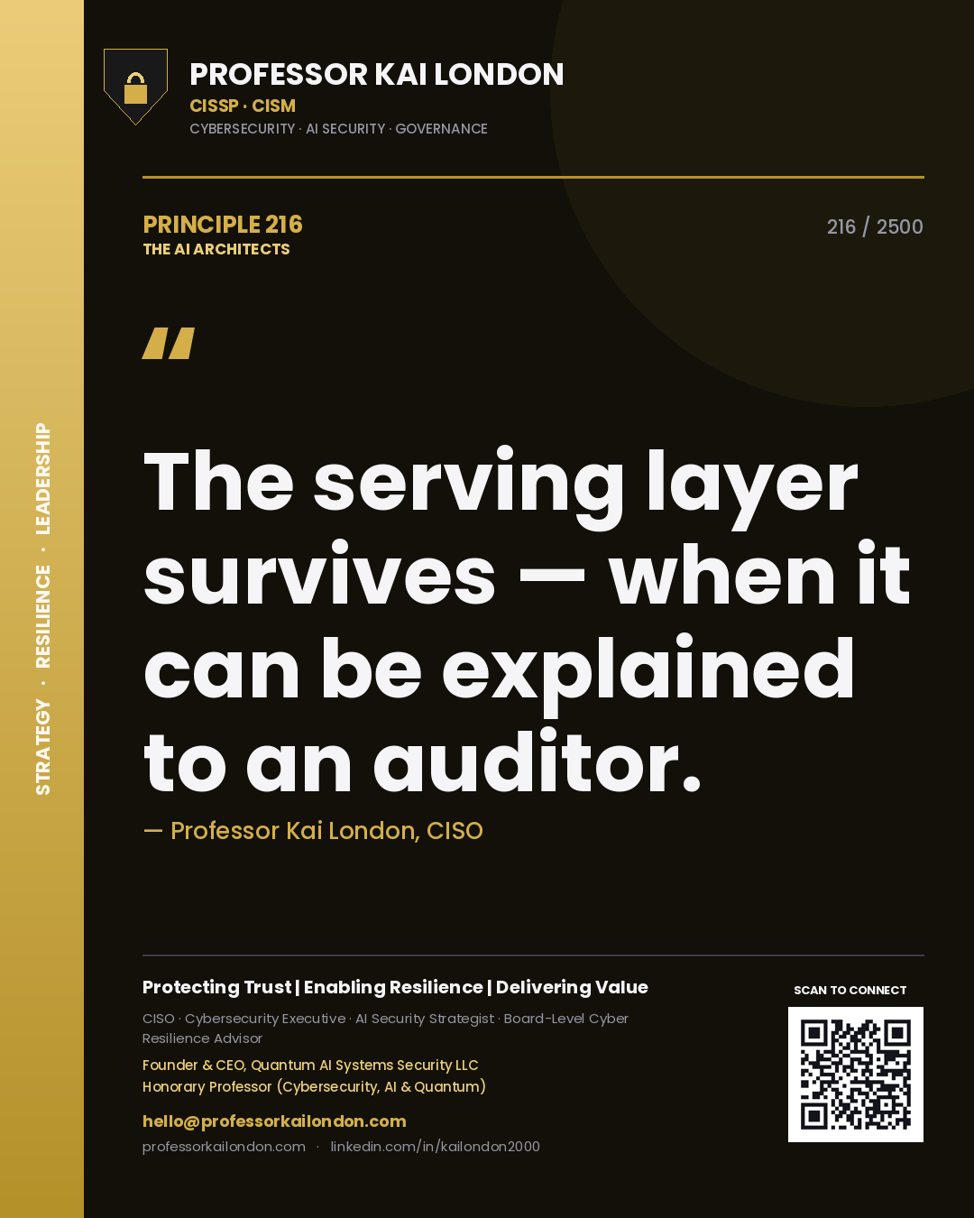 Quote card by Professor Kai London reading 'The serving layer survives — when it can be explained to an auditor.'. From the book The AI Architects.