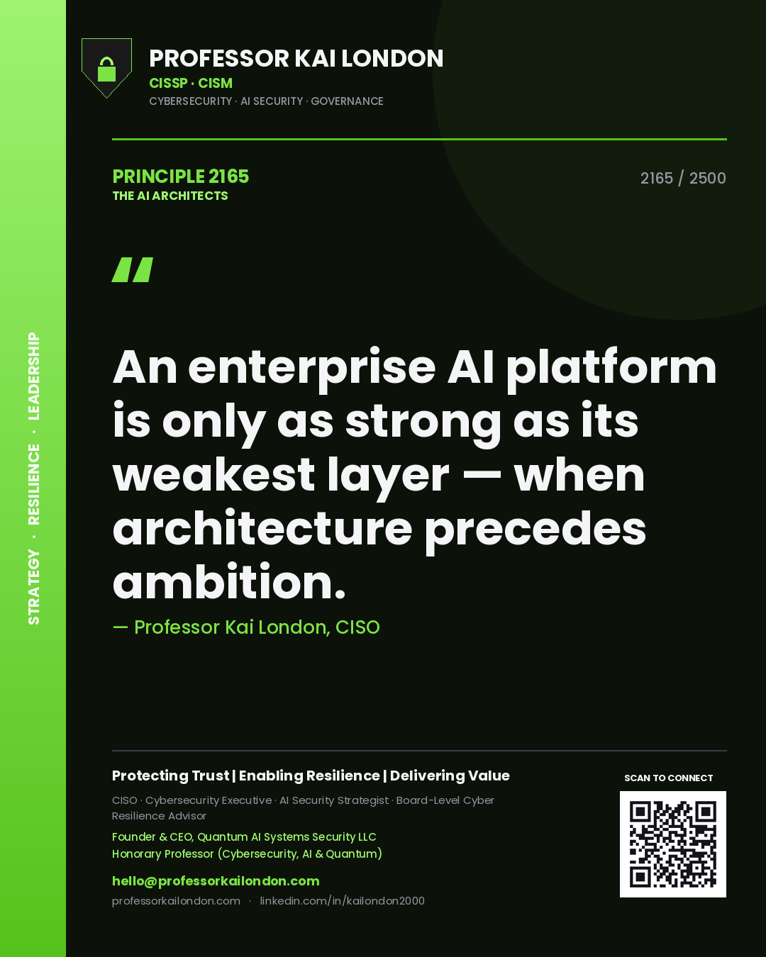 Quote card by Professor Kai London reading 'An enterprise AI platform is only as strong as its weakest layer — when architecture precedes ambition.'. From the book The AI Architects.
