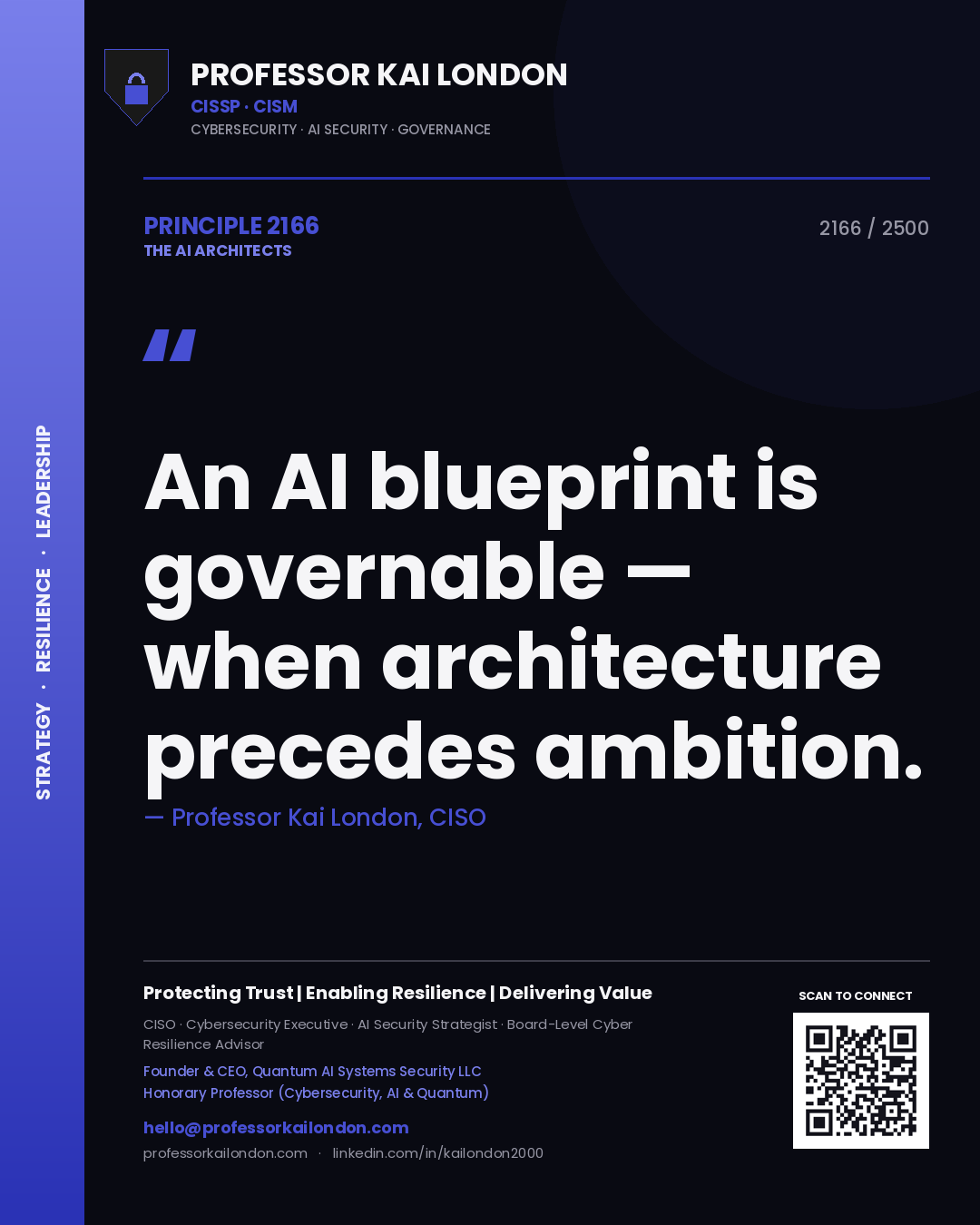 Quote card by Professor Kai London reading 'An AI blueprint is governable — when architecture precedes ambition.'. From the book The AI Architects.