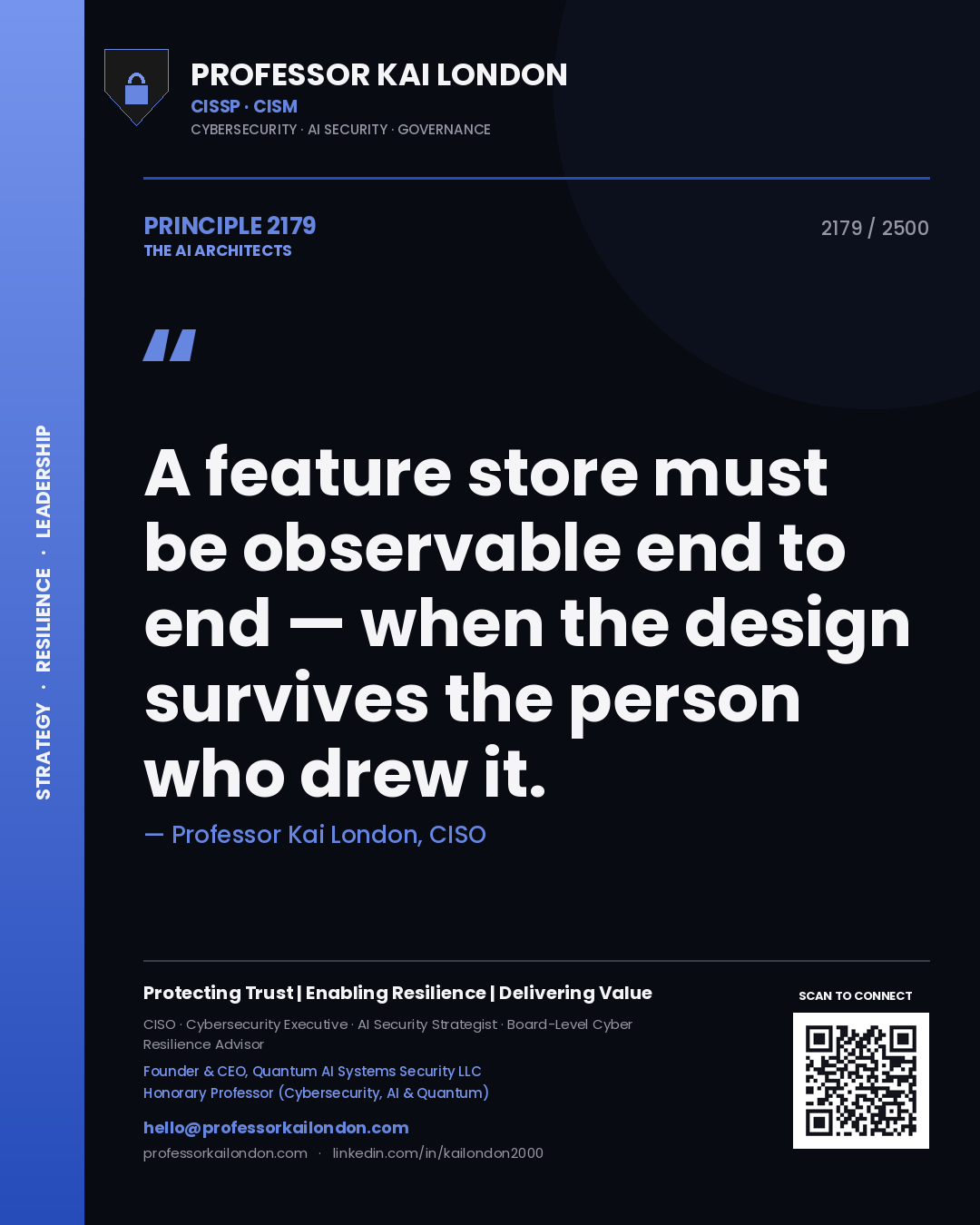 Quote card by Professor Kai London reading 'A feature store must be observable end to end — when the design survives the person who drew it.'. From the book The AI Architects.