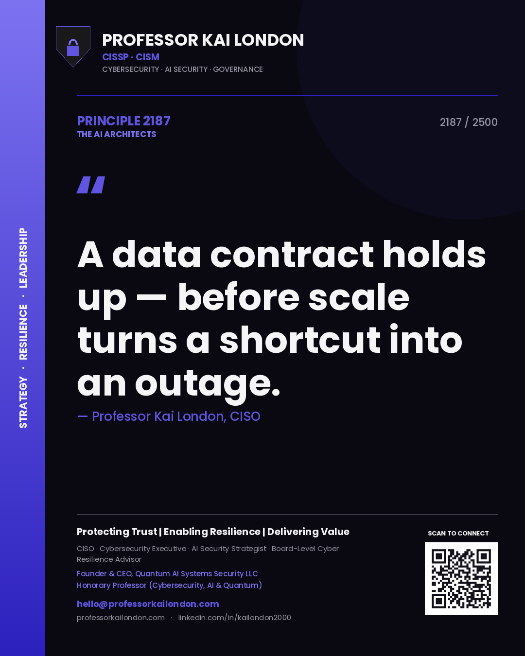 Quote card by Professor Kai London reading 'A data contract holds up — before scale turns a shortcut into an outage.'. From the book The AI Architects.