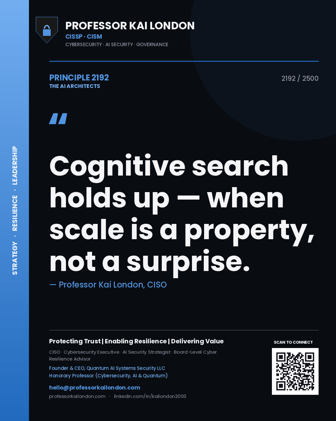 Quote card by Professor Kai London reading 'Cognitive search holds up — when scale is a property, not a surprise.'. From the book The AI Architects.