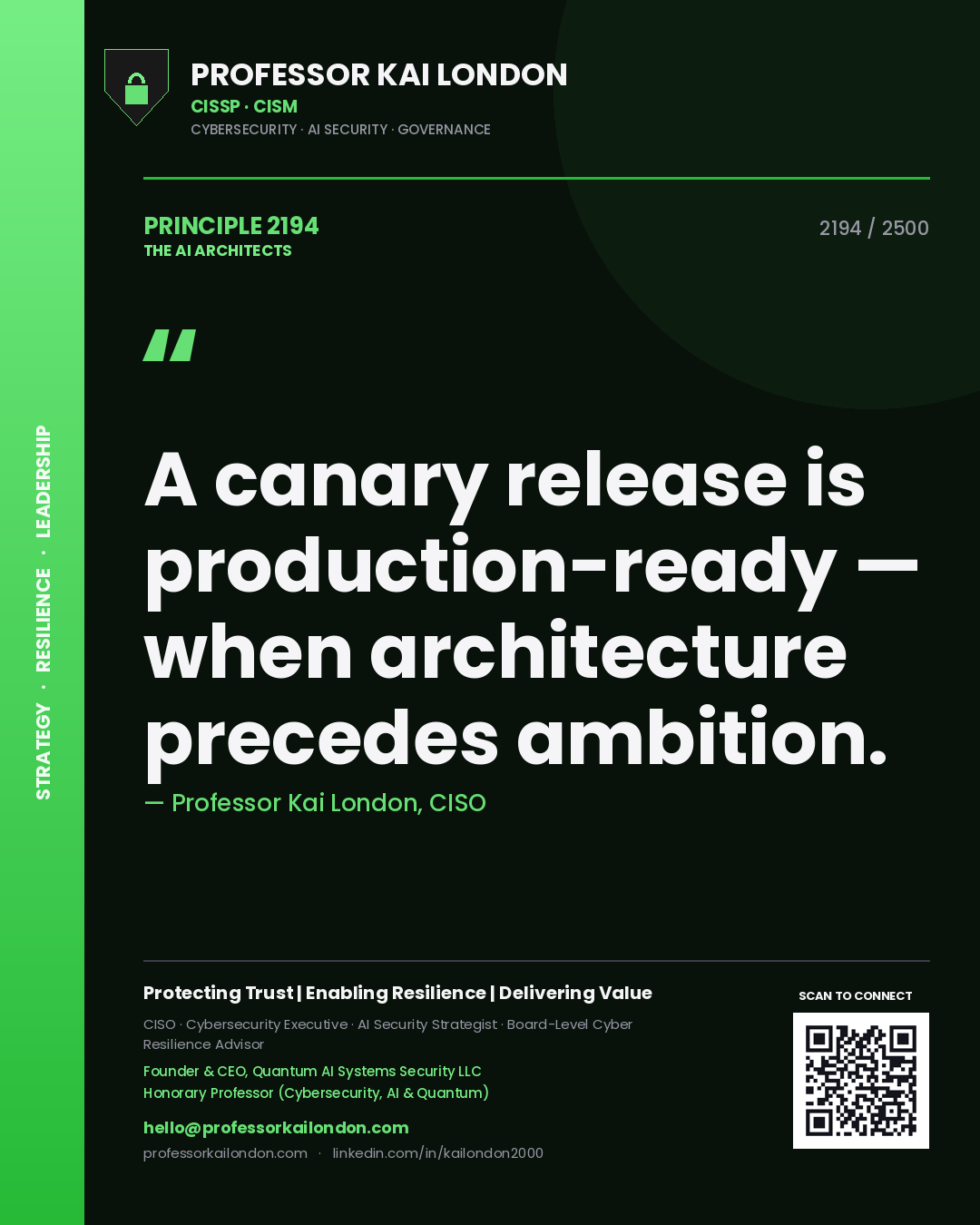 Quote card by Professor Kai London reading 'A canary release is production-ready — when architecture precedes ambition.'. From the book The AI Architects.