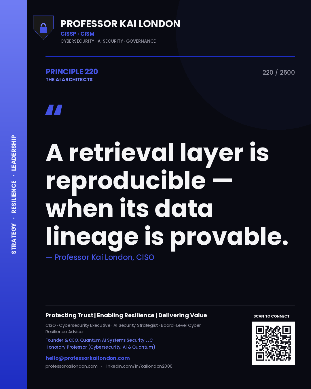 Quote card by Professor Kai London reading 'A retrieval layer is reproducible — when its data lineage is provable.'. From the book The AI Architects.