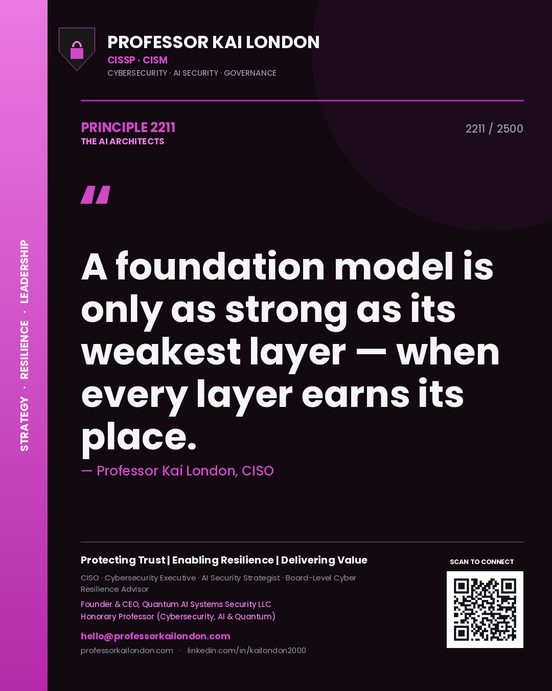 Quote card by Professor Kai London reading 'A foundation model is only as strong as its weakest layer — when every layer earns its place.'. From the book The AI Architects.