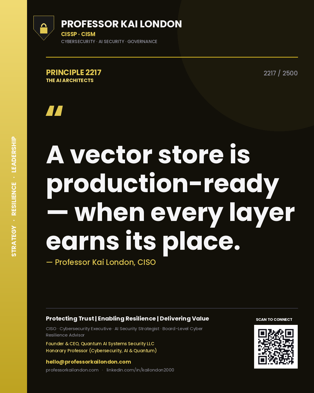 Quote card by Professor Kai London reading 'A vector store is production-ready — when every layer earns its place.'. From the book The AI Architects.