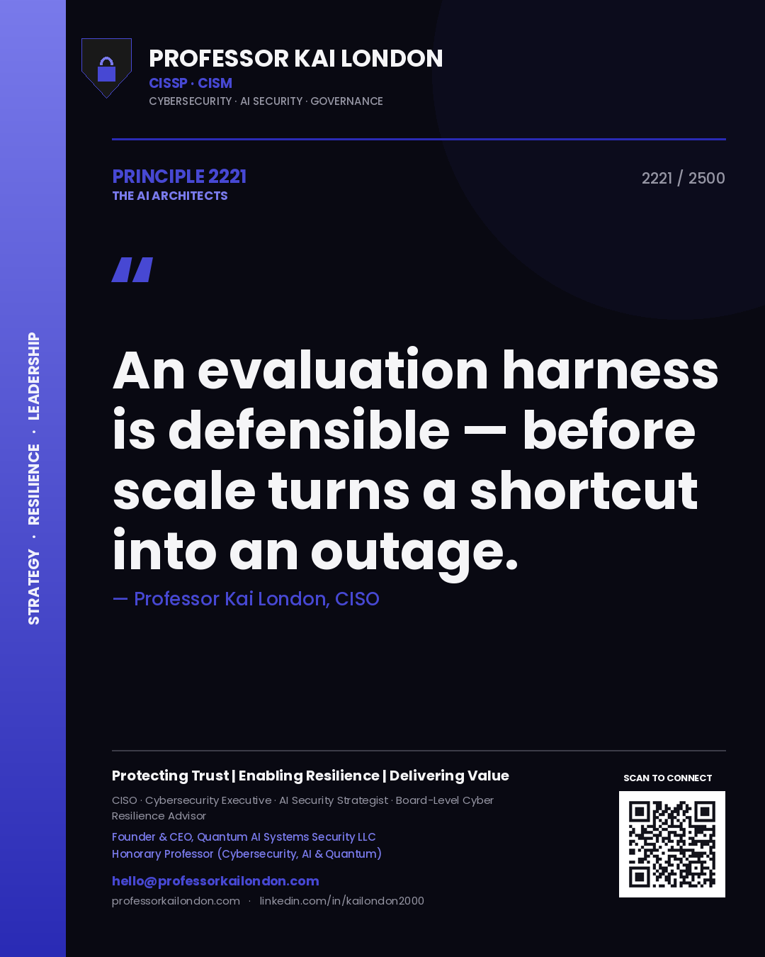 Quote card by Professor Kai London reading 'An evaluation harness is defensible — before scale turns a shortcut into an outage.'. From the book The AI Architects.
