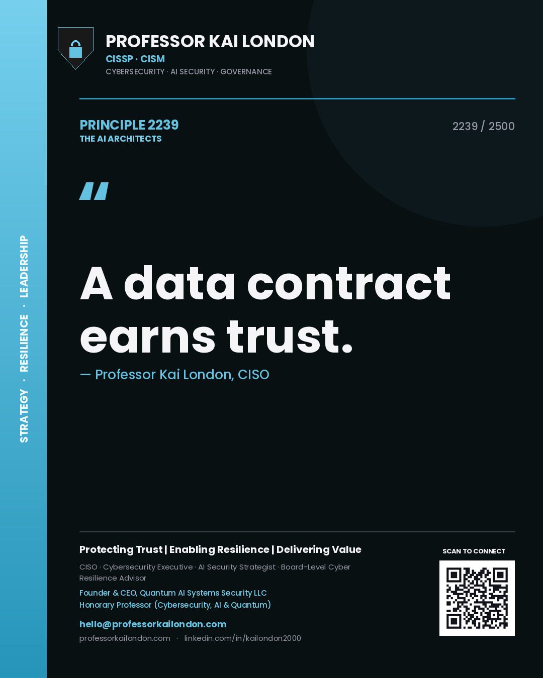 Quote card by Professor Kai London reading 'A data contract earns trust.'. From the book The AI Architects.