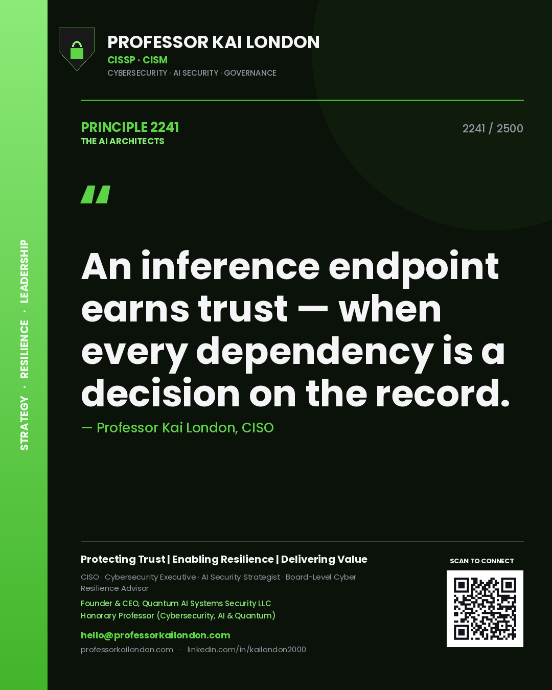 Quote card by Professor Kai London reading 'An inference endpoint earns trust — when every dependency is a decision on the record.'. From the book The AI Architects.