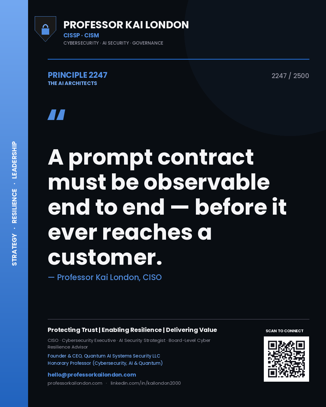Quote card by Professor Kai London reading 'A prompt contract must be observable end to end — before it ever reaches a customer.'. From the book The AI Architects.